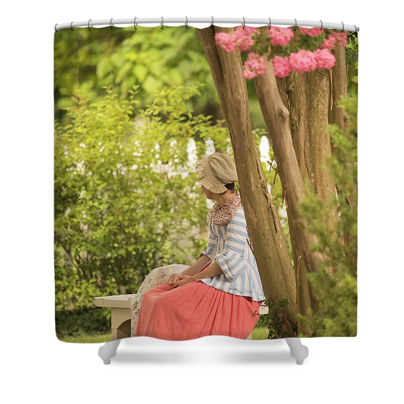 Colonial Williamsburg Shower Curtain featuring the photograph Colonial Lady in a Summer Garden by Rachel Morrison