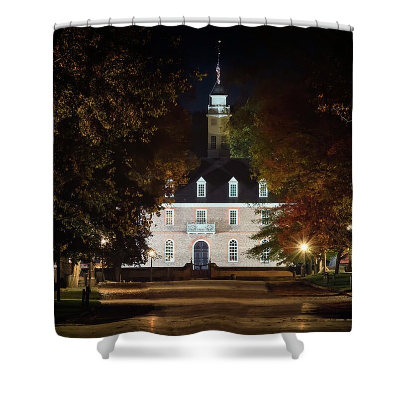 Colonial Williamsburg Shower Curtain featuring the photograph Colonial Williamsburg Capitol at Night by Susan Rissi Tregoning