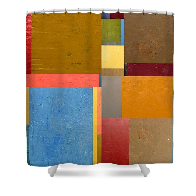 Abstract Shower Curtain featuring the painting Color Collage with Blue by Michelle Calkins