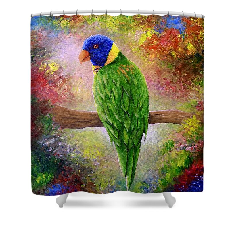 Bird Shower Curtain featuring the painting Colorful Bird 76 by Lucie Dumas