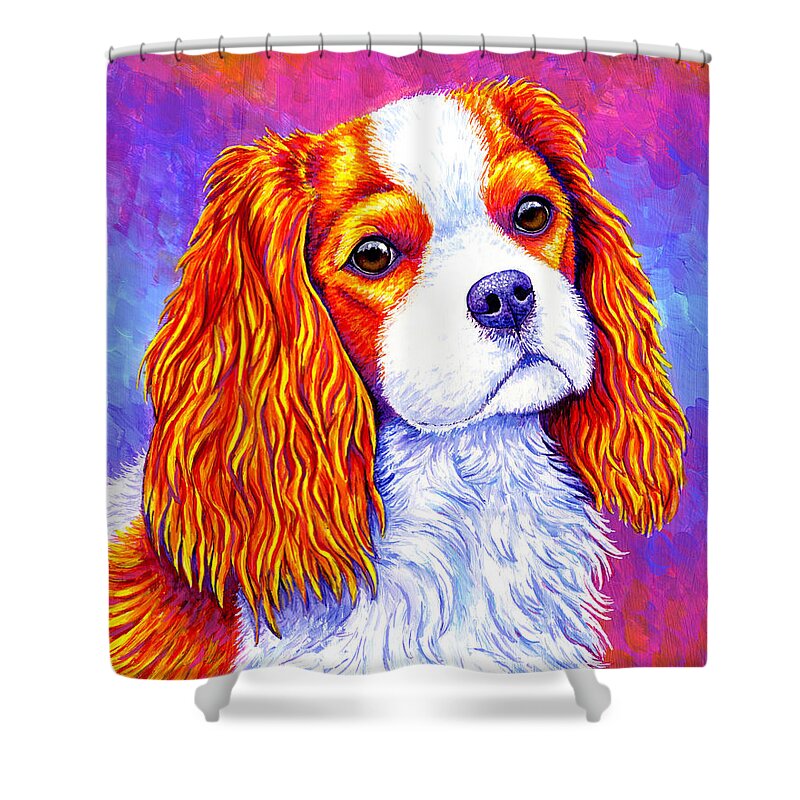 Cavalier King Charles Spaniel Shower Curtain featuring the painting Colorful Cavalier King Charles Spaniel Dog by Rebecca Wang