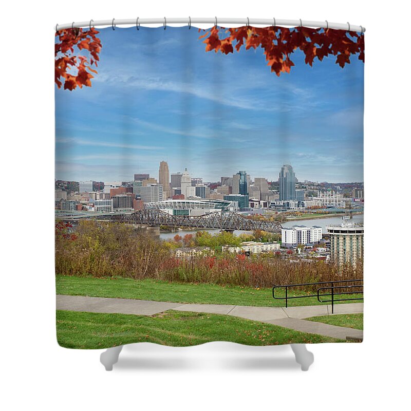 Autumn Shower Curtain featuring the photograph Colorful Cincinnati Skyline by Ed Taylor