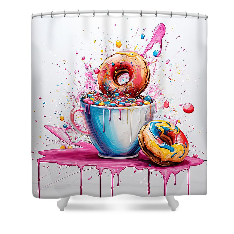 Colorful Coffee Donuts Shower Curtain featuring the digital art Colorful Coffee and Donut Art by Lourry Legarde