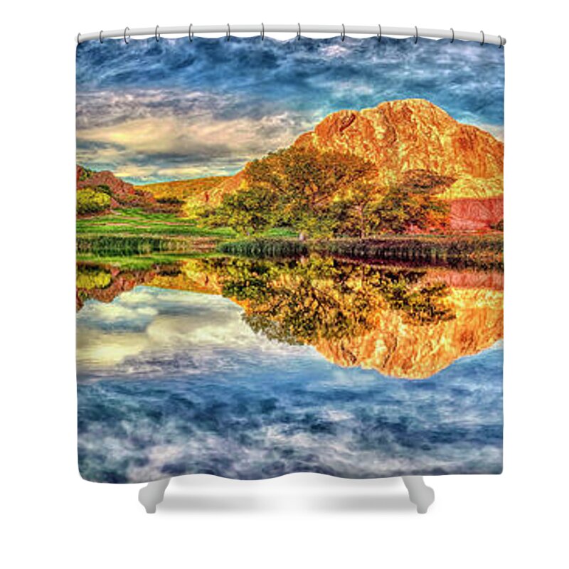  Colorful Colorado Shower Curtain featuring the photograph Colorful Colorado Roxborough Reflection by OLena Art by Lena Owens - Vibrant DESIGN