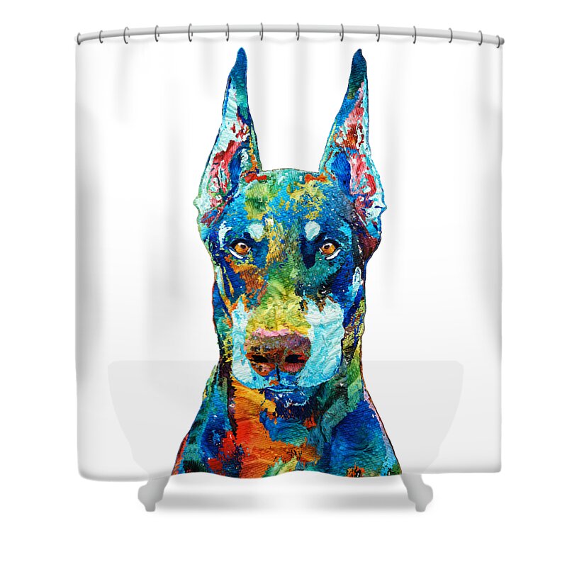 Doberman Pinscher Shower Curtain featuring the painting Colorful Doberman by Sharon Cummings by Sharon Cummings