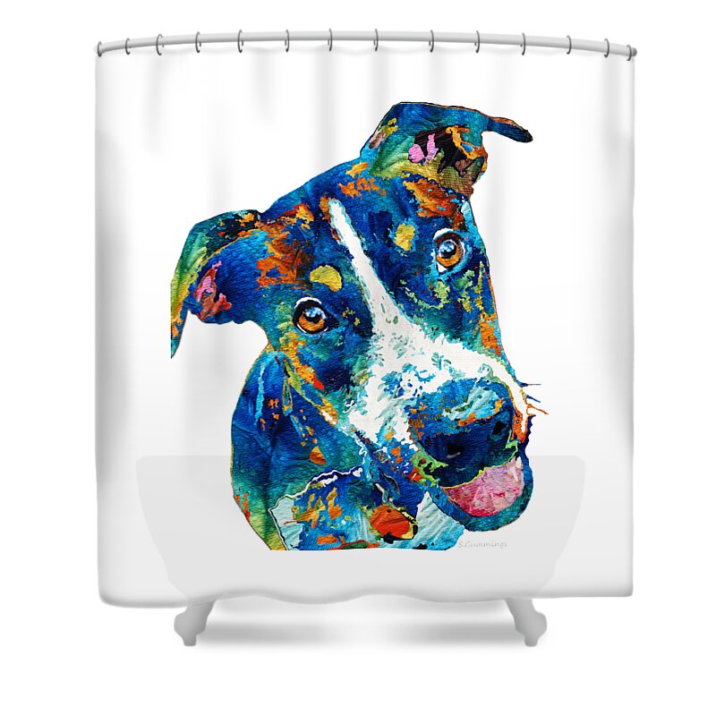 Dog Shower Curtain featuring the painting Colorful Dog Art - Happy Go Lucky - By Sharon Cummings by Sharon Cummings