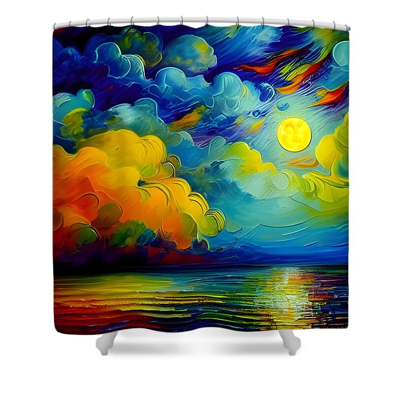 Newby Shower Curtain featuring the digital art Colorful Full Moon by Cindy's Creative Corner