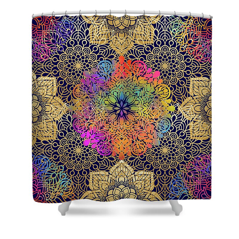 Mandala Shower Curtain featuring the digital art Colorful Gold Mandala Pattern in Black Background by Sambel Pedes