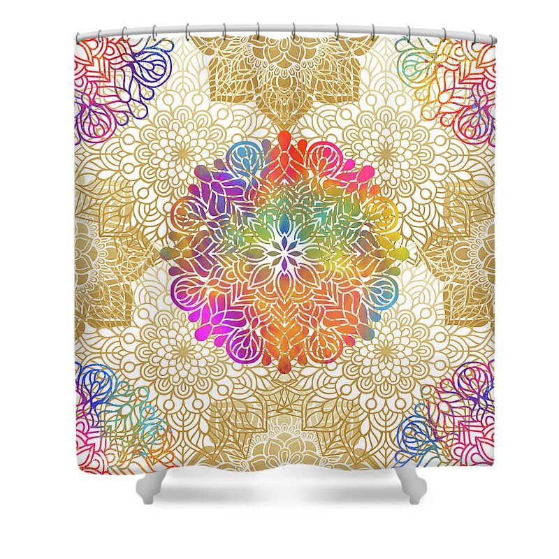 Mandala Shower Curtain featuring the digital art Colorful Gold Mandala Pattern by Sambel Pedes