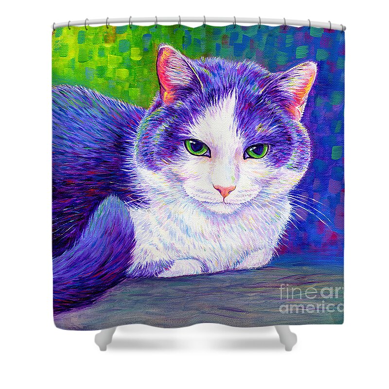Cat Shower Curtain featuring the painting Purple Tuxedo Cat by Rebecca Wang