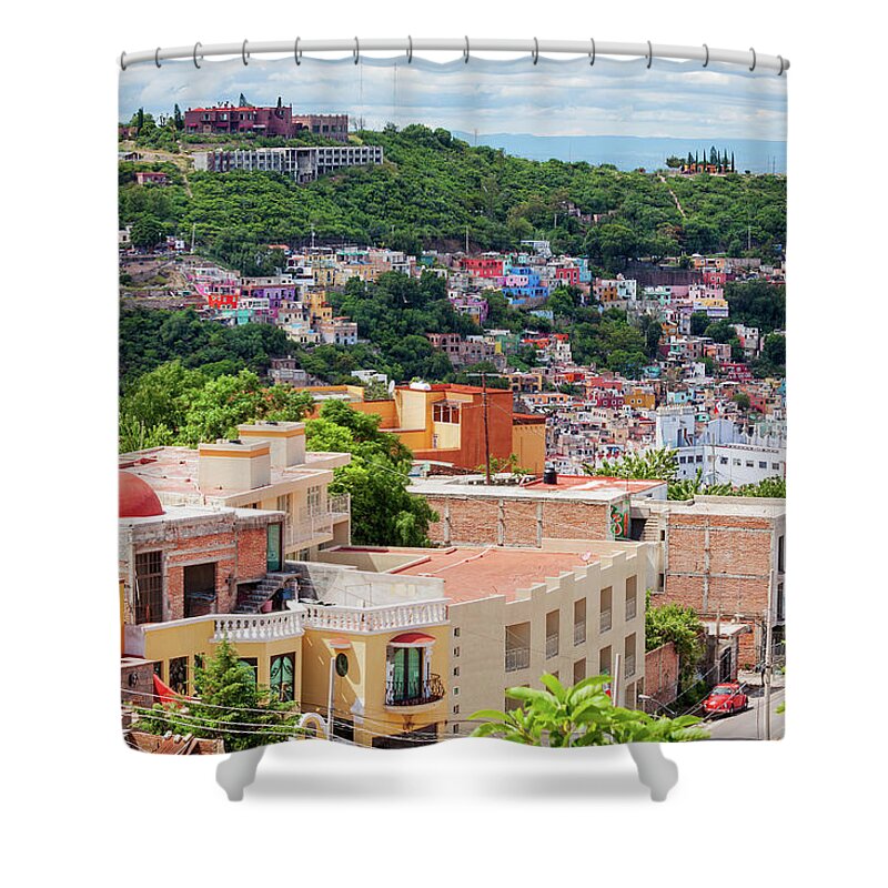 Guanajuato Shower Curtain featuring the photograph Colorful hilltop houses in Guanajuato, Mexico 2 by Tatiana Travelways