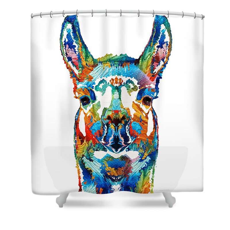 Llama Shower Curtain featuring the painting Colorful Llama Art - The Prince - By Sharon Cummings by Sharon Cummings