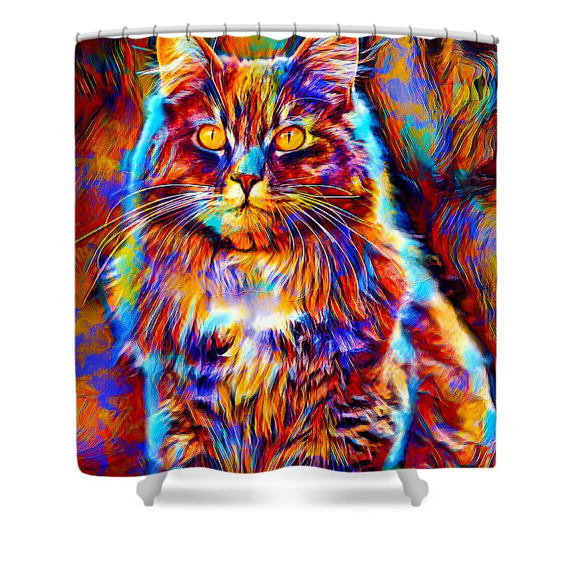 Maine Coon Shower Curtain featuring the digital art Colorful Maine Coon cat sitting - digital painting by Nicko Prints