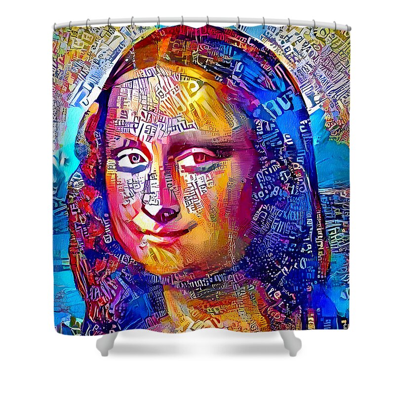 Mona Lisa Shower Curtain featuring the digital art Colorful Mona Lisa portrait with blue, orange and magenta color scheme by Nicko Prints