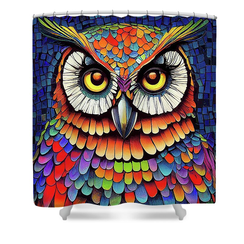 Owls Shower Curtain featuring the digital art Colorful Mosaic Owl by Mark Tisdale