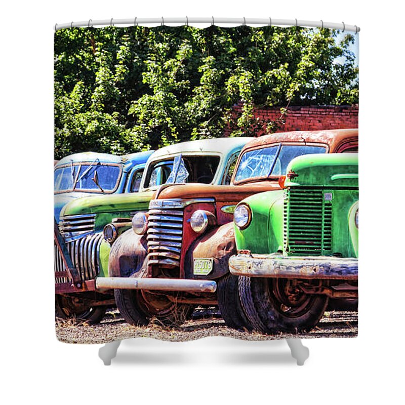 Vintage Trucks Shower Curtain featuring the photograph Colorful old rusty cars by Tatiana Travelways