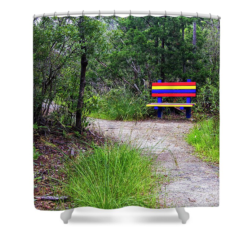 Park Bench Shower Curtain featuring the photograph Colorful Park Bench on the Tideland Trail by Bob Decker
