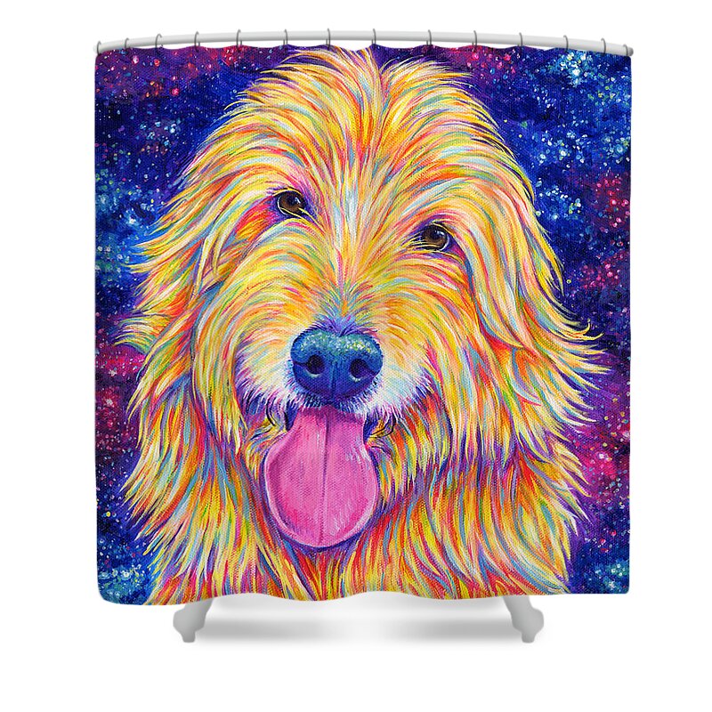 Goldendoodle Shower Curtain featuring the painting Colorful Rainbow Goldendoodle by Rebecca Wang