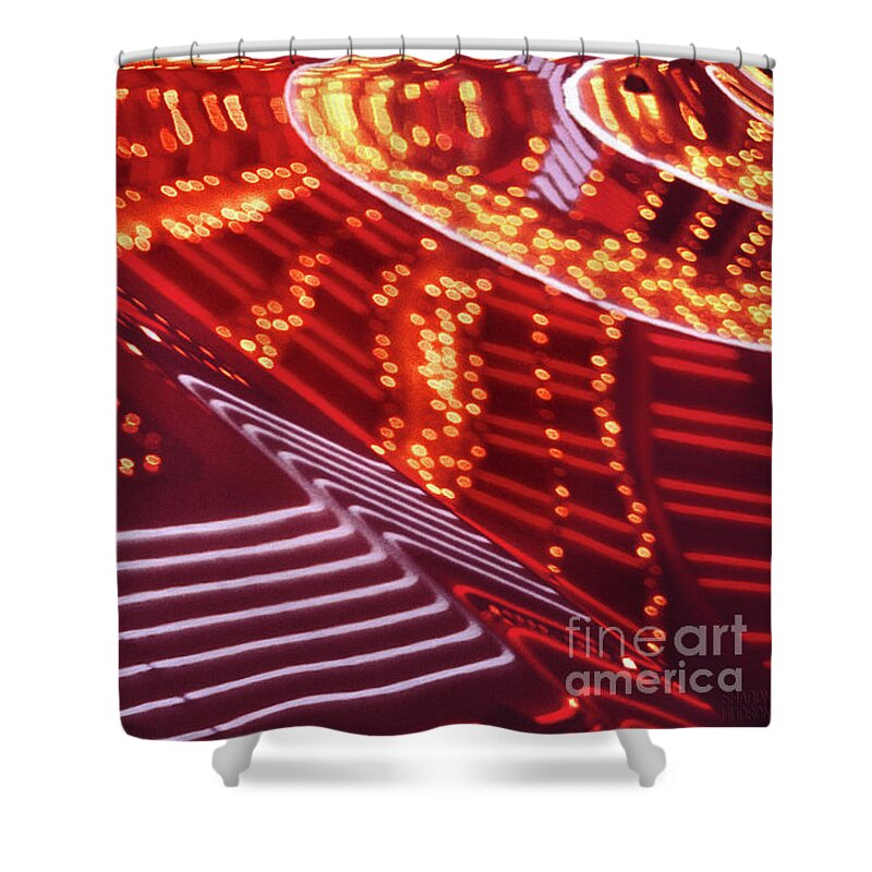 Red Shower Curtain featuring the photograph colorful reflections - Neon Lights and Shiny Cars I by Sharon Hudson