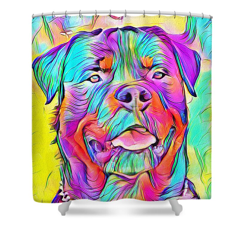 Rottweiler Dog Shower Curtain featuring the digital art Colorful Rottweiler dog portrait - digital painting by Nicko Prints
