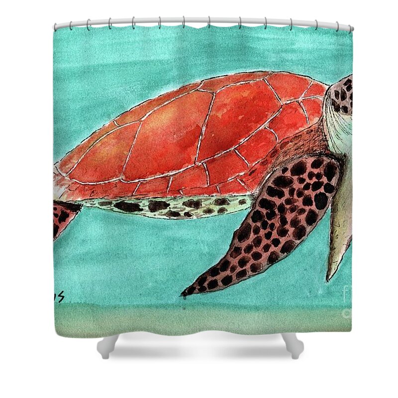 Sea Turtle Shower Curtain featuring the painting Colorful Sea Turtle in Blue Green Water by Donna Mibus