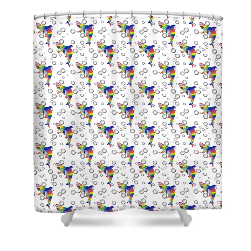 Shark Shower Curtain featuring the mixed media Colorful Shark Hand Drawn Design with Digital Bubbles by Ali Baucom