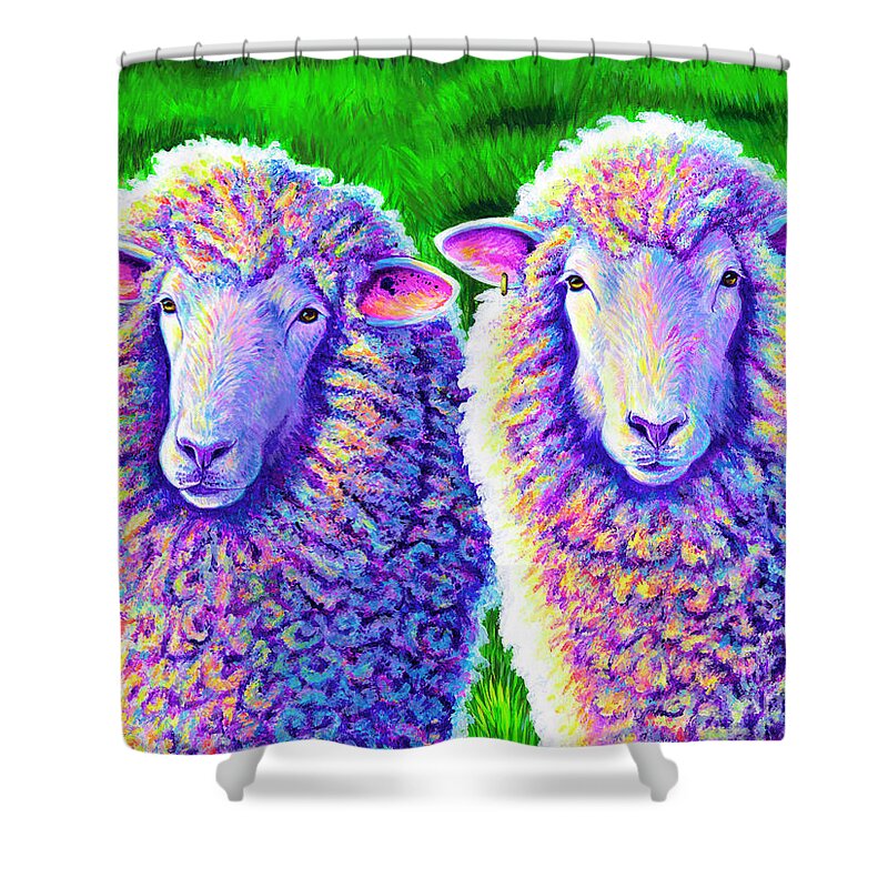 Sheep Shower Curtain featuring the painting Colorful Sheep Portrait - Charlie and Curtis by Rebecca Wang