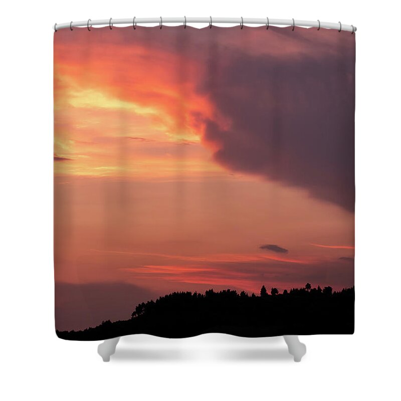 Orange Sunset Shower Curtain featuring the photograph Colorful Sunset over Tree Silhouettes by Alexios Ntounas
