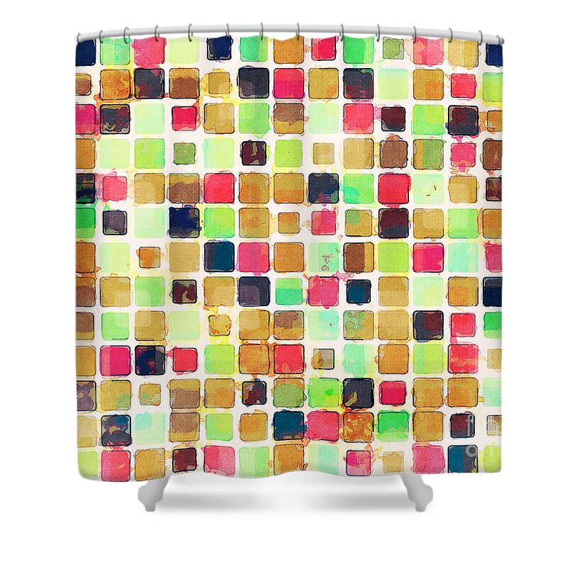 Geometric Shower Curtain featuring the digital art Colorful Textured Squares by Phil Perkins