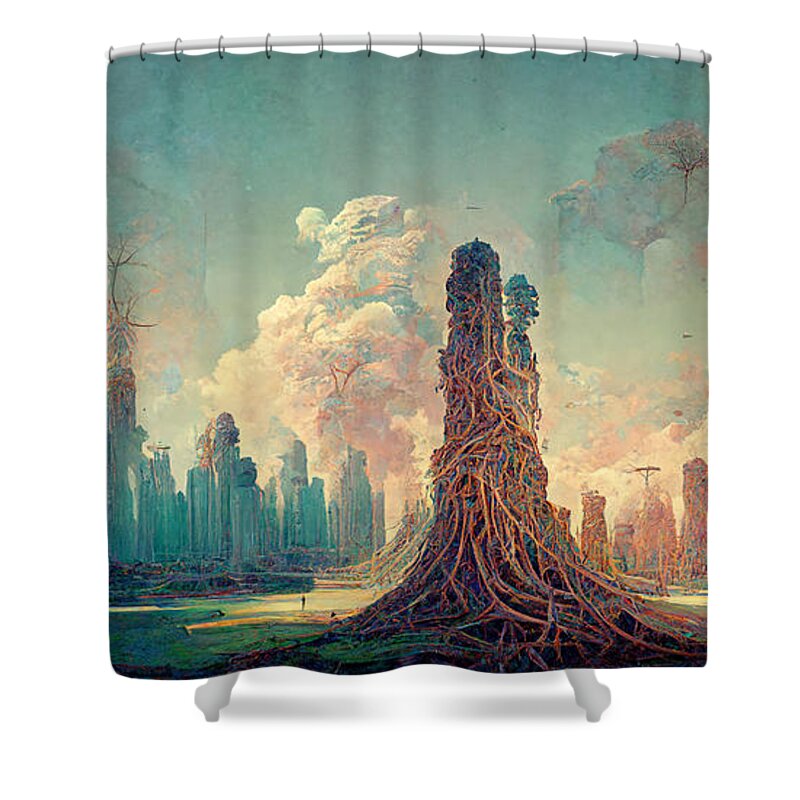 Nature Shower Curtain featuring the painting Colossal Gnarled Tree Roots Arcology Megacity Detai B46f42e4 Df11 4165 B45a 11672ddf62c5 by MotionAge Designs
