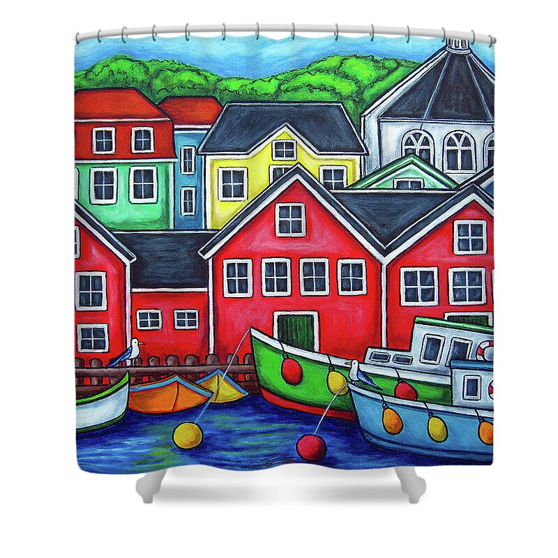 Nova Scotia Shower Curtain featuring the painting Colours of Lunenburg by Lisa Lorenz