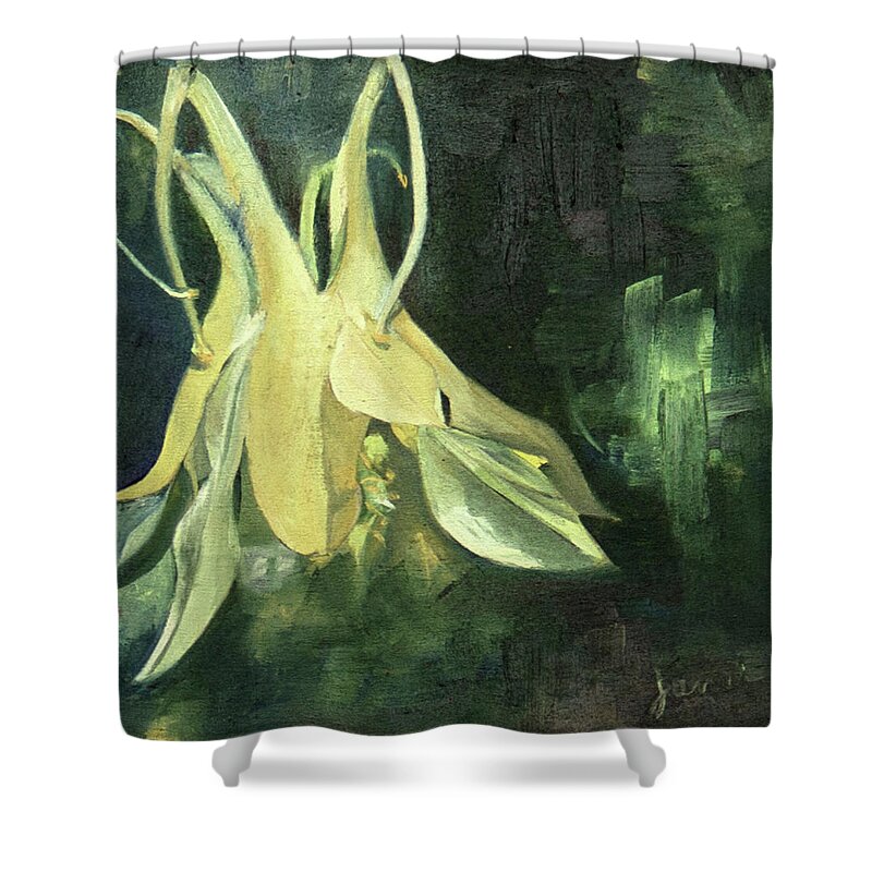 Yellow Flower Shower Curtain featuring the painting Columbine Dance by Nila Jane Autry