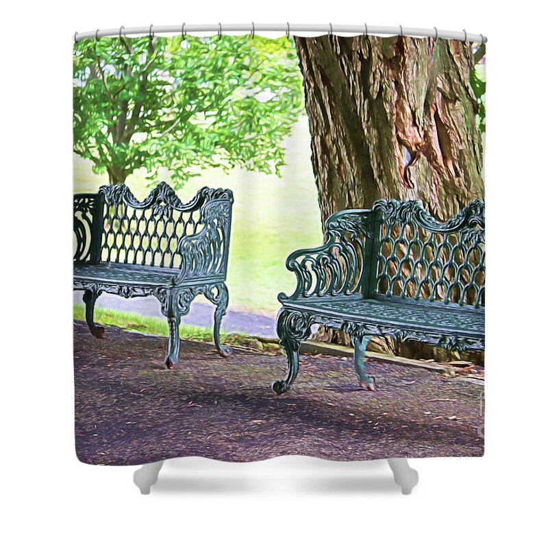 Benches Shower Curtain featuring the photograph Come and Sit Benches by Roberta Byram