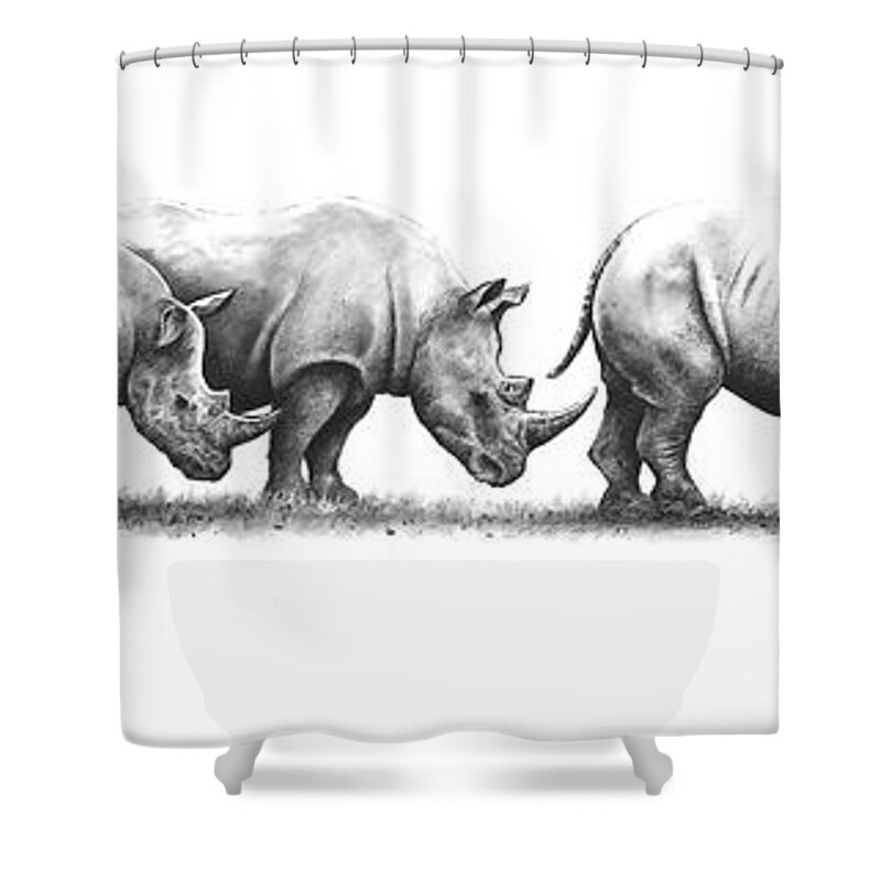 Rhinoceros Shower Curtain featuring the drawing Come on, Hurry Up by Paul Dene Marlor