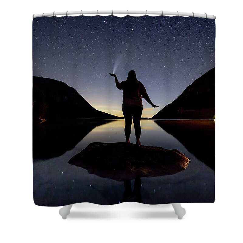Night Shower Curtain featuring the photograph Comet in Her Palm by Tim Kirchoff