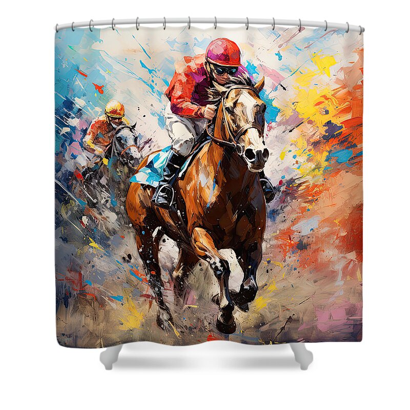 Horse Racing Shower Curtain featuring the painting Coming in Hot by Lourry Legarde