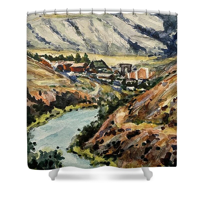 Gardiner Shower Curtain featuring the painting Coming into Gardiner by Les Herman
