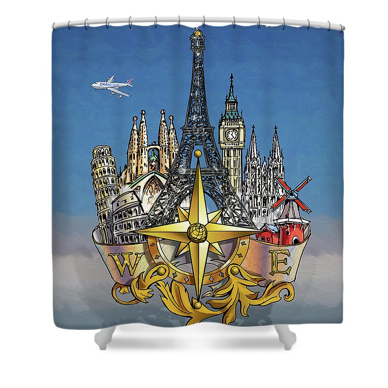 Europe Shower Curtain featuring the digital art Compass Rose Europe by Maria Rabinky