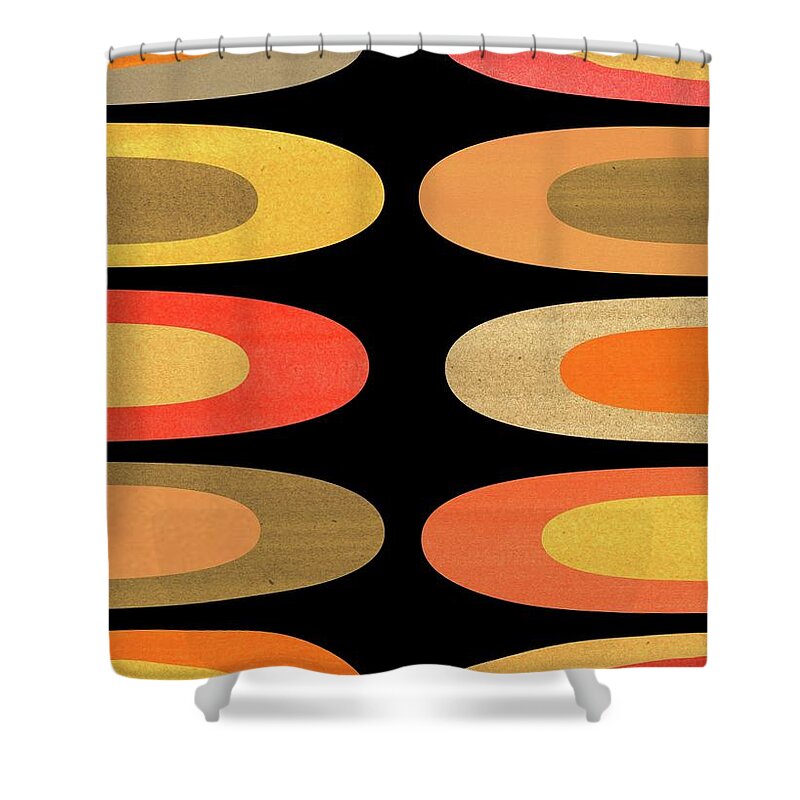Tan Shower Curtain featuring the mixed media Concentric Oblongs in Warm Colors on Black by Donna Mibus