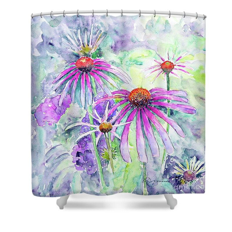 Coneflowers Shower Curtain featuring the painting Conedflowers in Cool Hues by Claudia Hafner