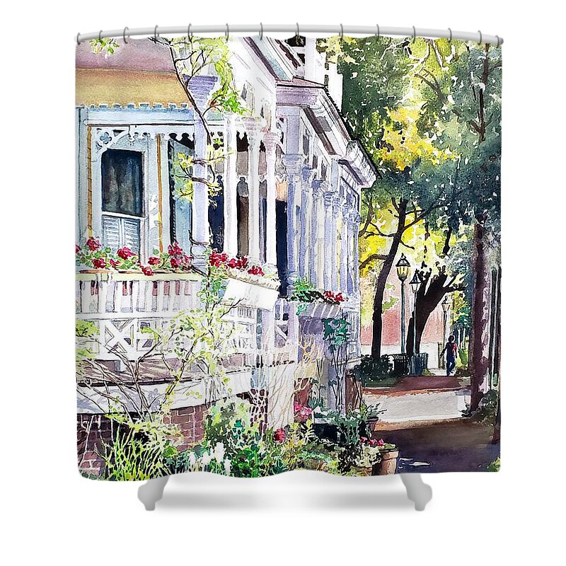 Container Shower Curtain featuring the painting Container Garden by Merana Cadorette