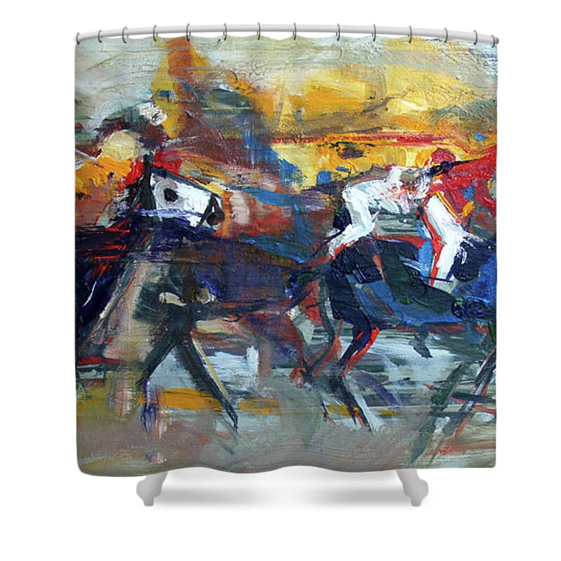 Kentucky Horse Racing Shower Curtain featuring the painting Controlled Chaos by John Gholson