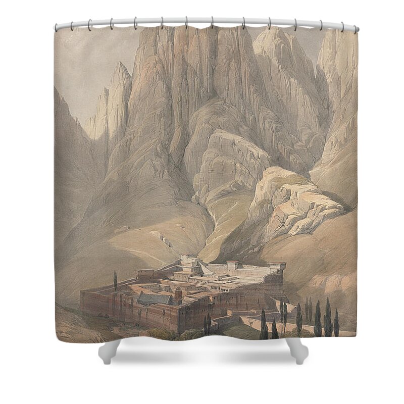 Convent Shower Curtain featuring the painting Convent of St. Catherine with Mount Horeb q1 by Historic illustrations