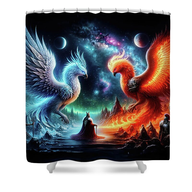 Celestial Guardians Shower Curtain featuring the digital art Convergence of Celestial Guardians by Bill and Linda Tiepelman