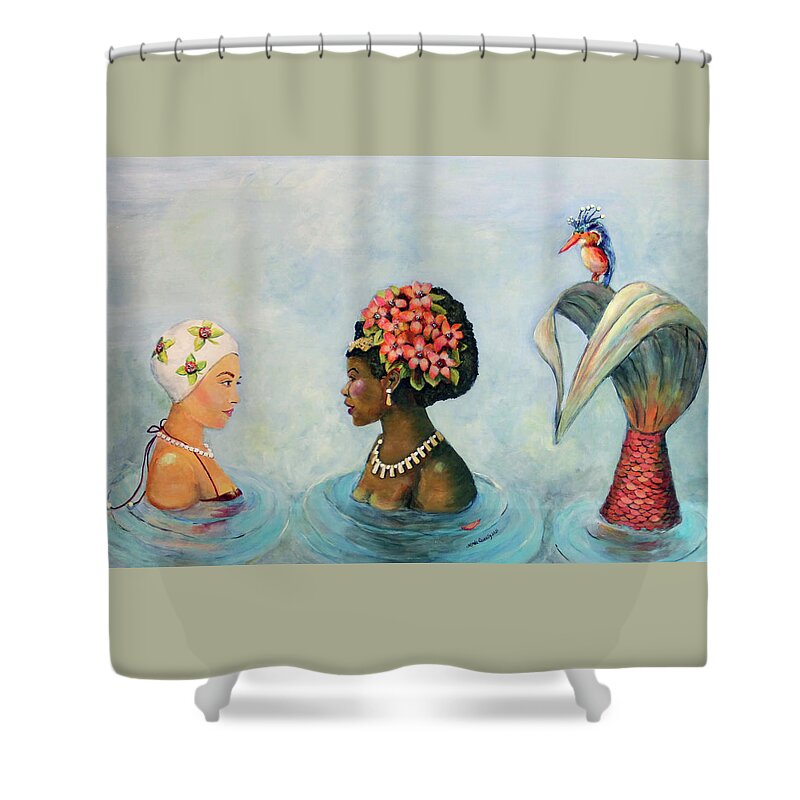 Mermaid Shower Curtain featuring the painting Conversation With a Mermaid by Linda Queally by Linda Queally