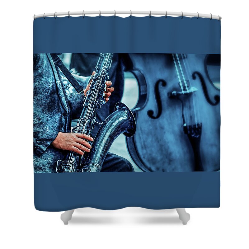 Music Shower Curtain featuring the photograph Cool Bass and Sax Musicians by Phil Cardamone