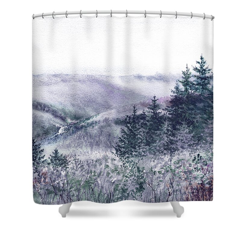 Landscape Shower Curtain featuring the painting Cool Blue And Soft Purple Watercolor Mountains And Forest by Irina Sztukowski