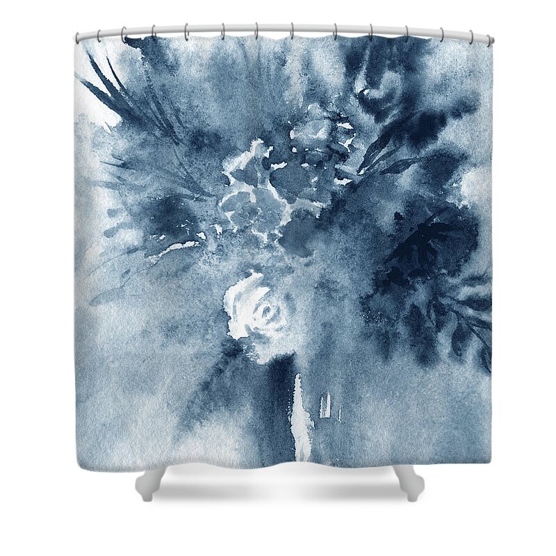 Abstract Flowers Shower Curtain featuring the painting Cool Monochrome Palette Abstract Flowers Watercolor Floral Splash III by Irina Sztukowski