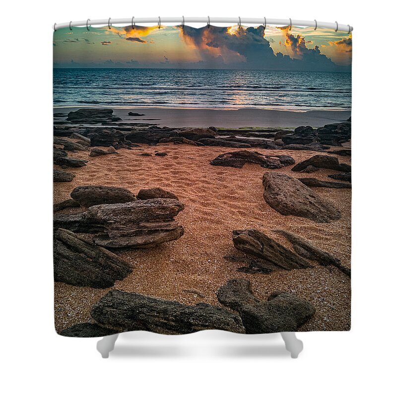 Coquina Shower Curtain featuring the photograph Coquina Rocks Beach Sunrise by Danny Mongosa