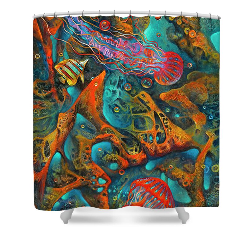 Ocean Shower Curtain featuring the painting Coral Reef - 3D by Ricardo Chavez-Mendez